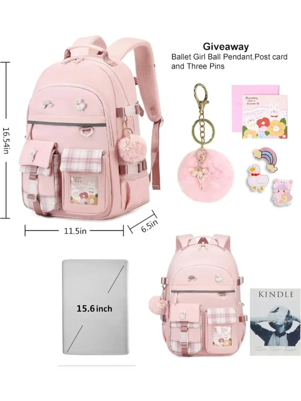 Stylish Pink Backpack for Girls - 15.6